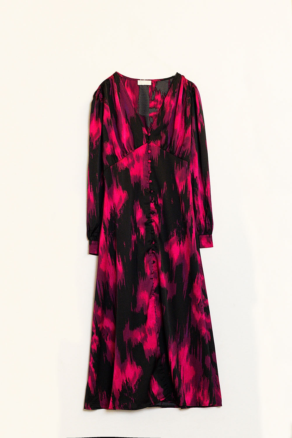 Long printed buttoned dress with V-neck - dress