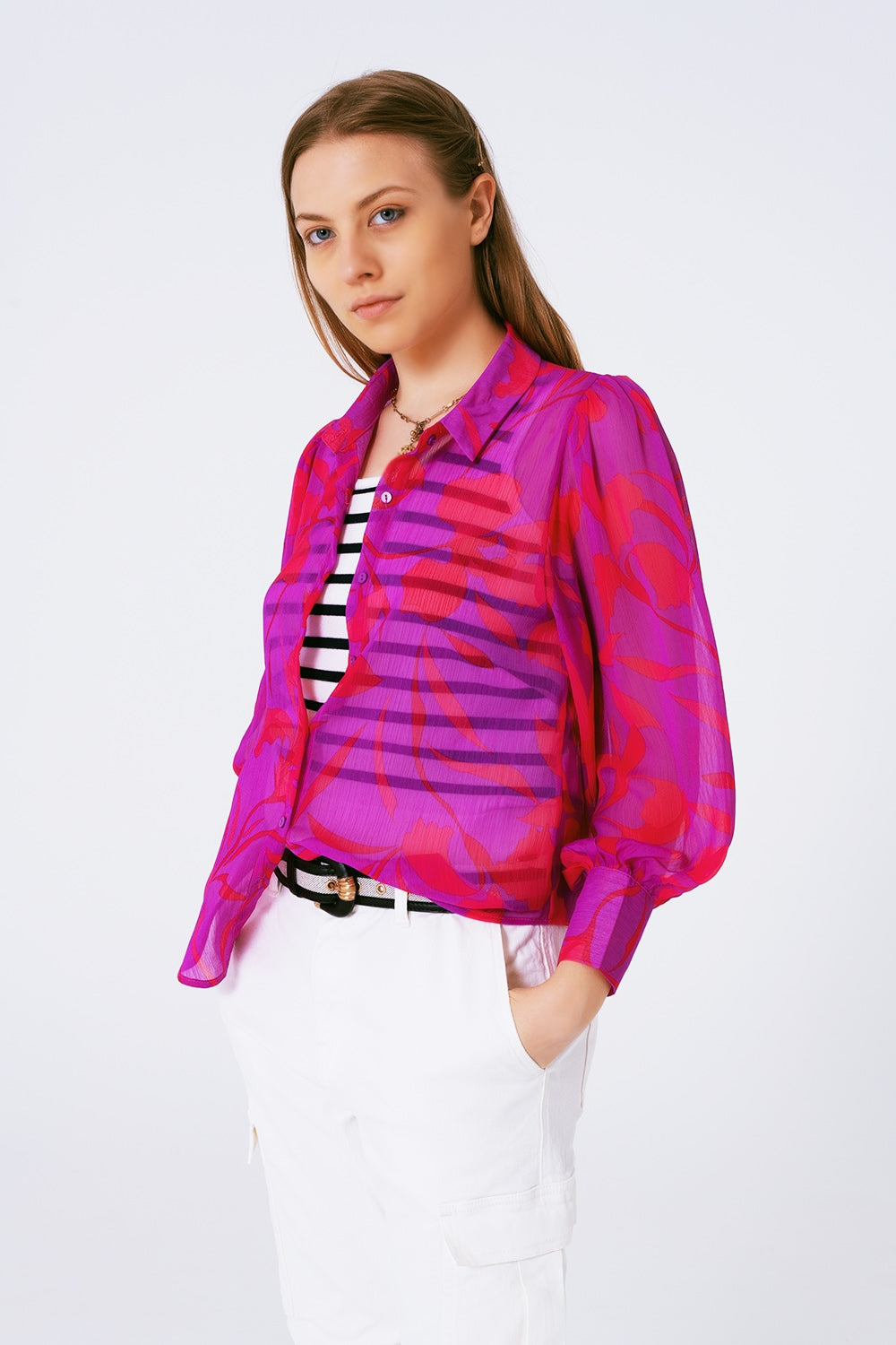 chiffon floral print blouse in fuchsia - Shirts