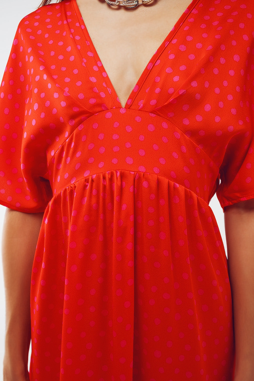 Maxi Cinched At The Waist Dress With Angel Sleeves In Red Polka Dot - dress