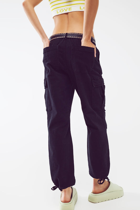 Cargo Pants with Tassel ends in black - Coloured Jeans