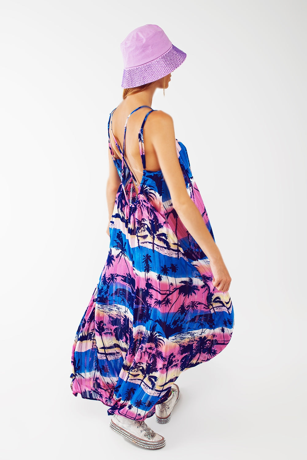 Relaxed Open Back Maxi Dress In Tropical Blue Print - dress
