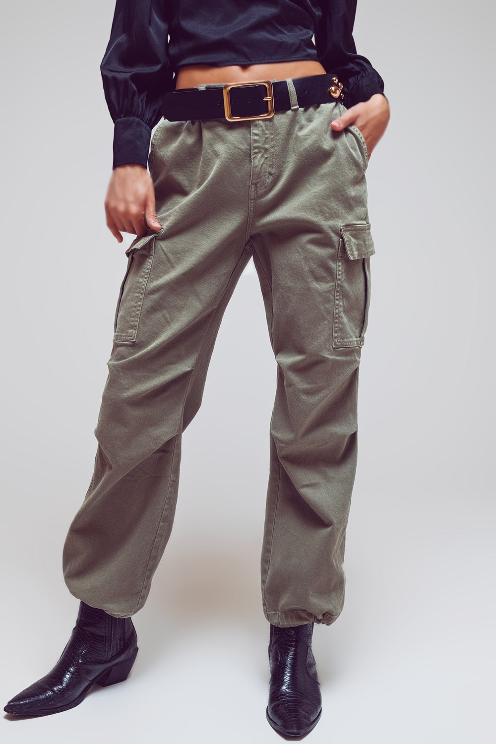 Cargo Pants with Tassel ends in Military Green - Coloured Jeans