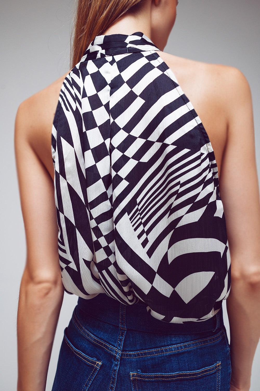 Halter Top With Tie Neck in Abstract Black and White Print - Shirts, top