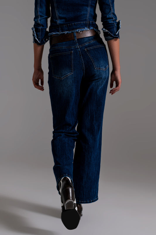 Wide Leg 70`s Jeans in Mid Wash Blue - Denim