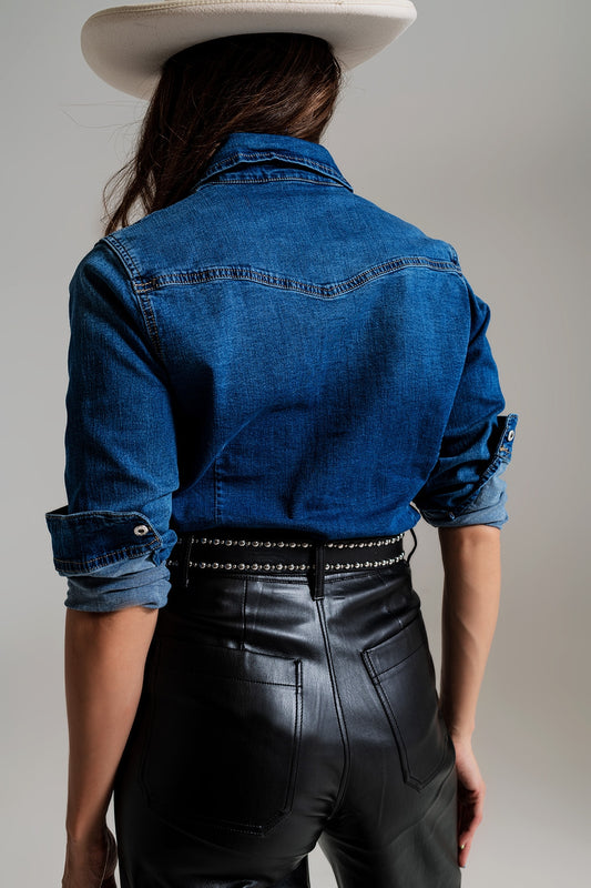fitted denim shirt with black graphic details with strass - Shirts