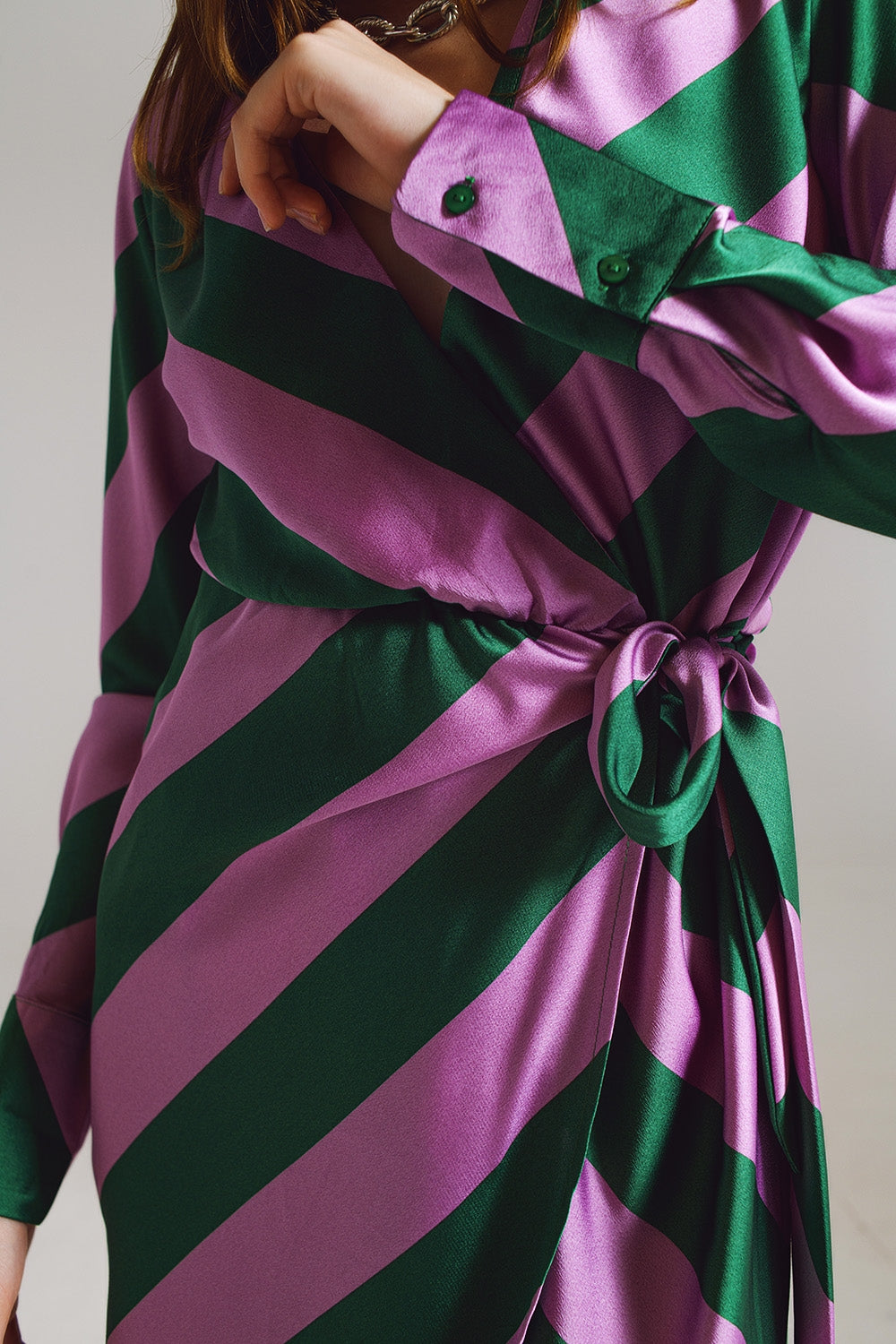 Satin Wrap Dress in Lilac and Green Striped Print - dress