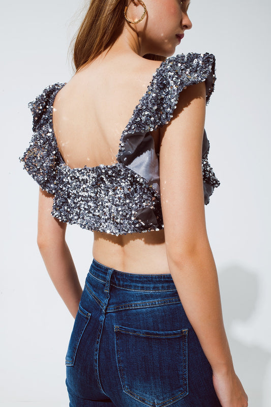 Party Cropped sequin glitter top in silver - top