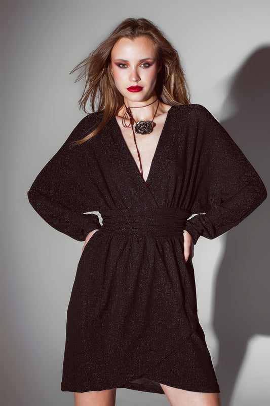 Mini-length glitter dress with deep V-neck in Black - dress