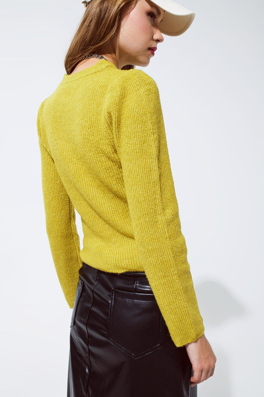 Green chuncky ribbed sweater with round neck - jumper