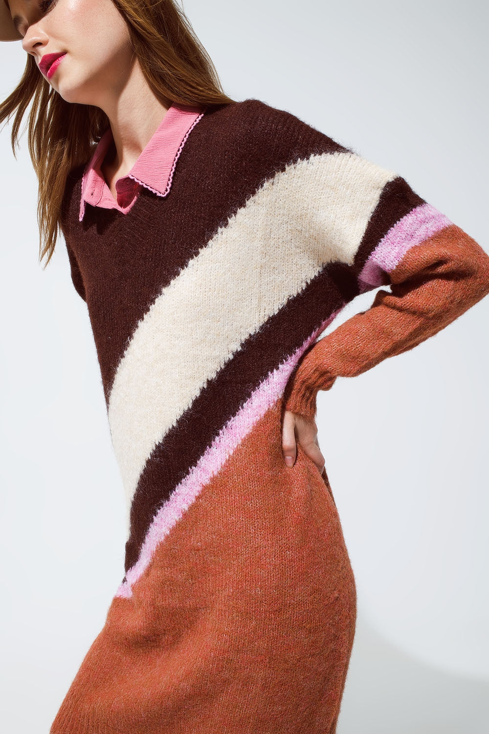Brown striped oversized chunky knit dress with crew neck - dress