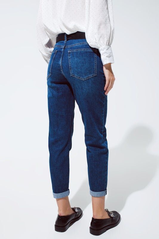 Mum Jeans in Medium Wash With Folded Hem - Denim