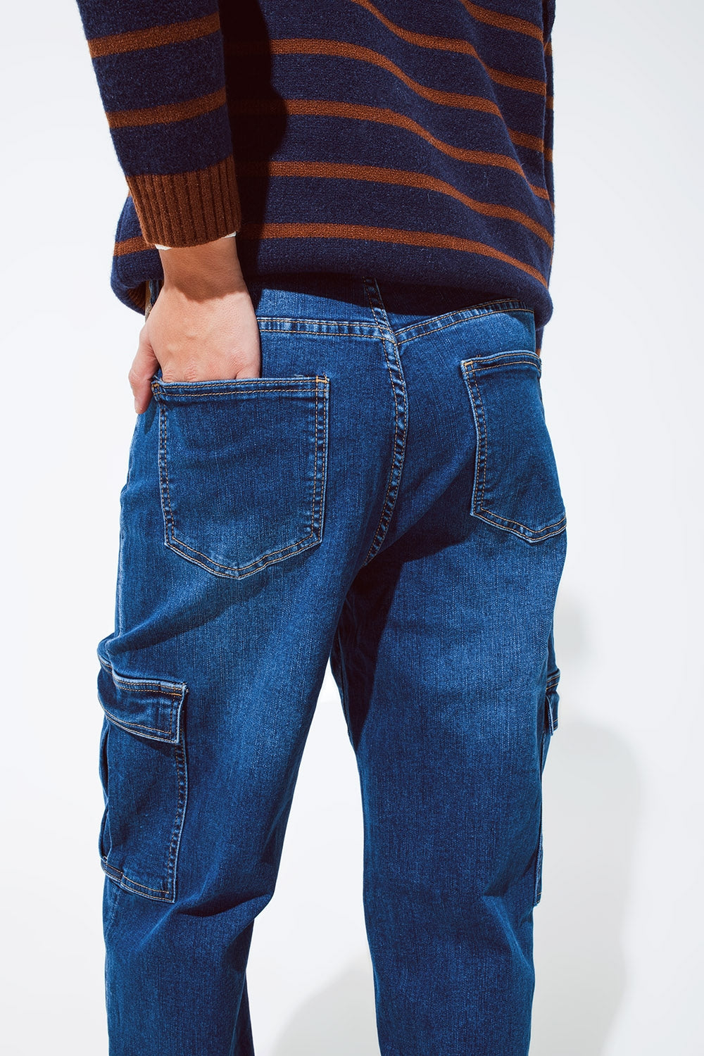 Straight Leg Cargo Style Jeans in Medium Wash - Denim