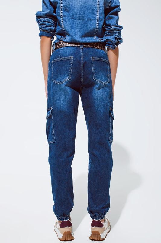 Cargo Style Jeans with Seam Down the Front in Medium Wash - Denim
