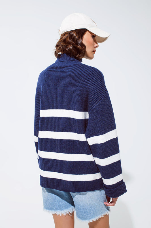 Navy blue turtle neck sweater in navy with stripes