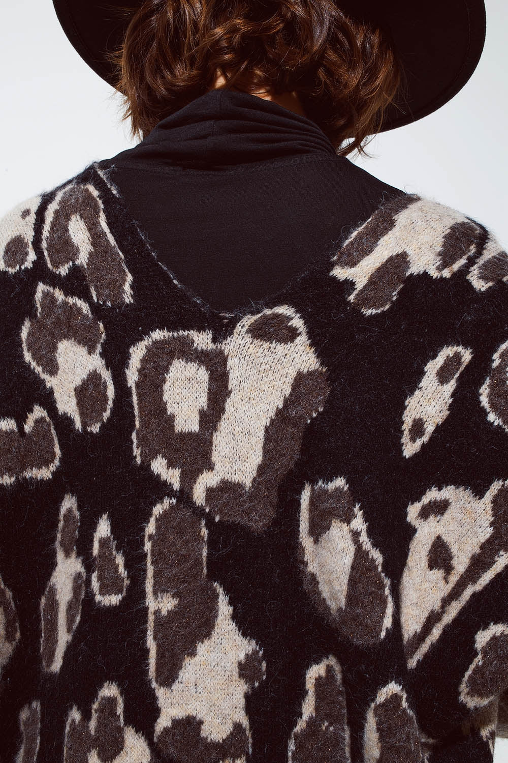 Long Open Cardigan With Cheetah Print and Fringe In Black and Grey