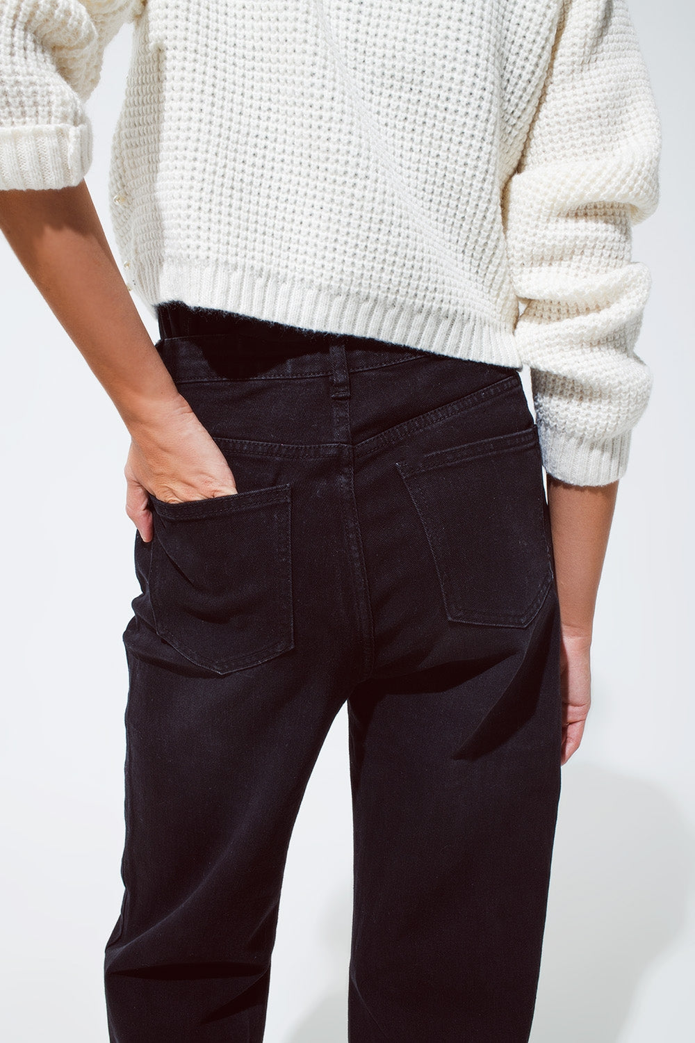 Straight leg Jeans with Waist Stitching Detail in Black - Coloured Jeans