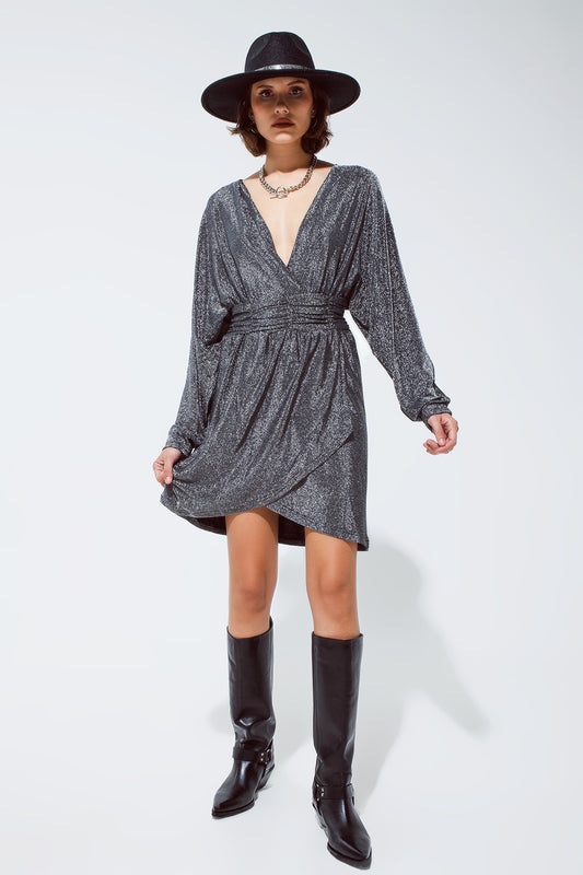 Mini length glitter dress with deep V neck in silver - dress