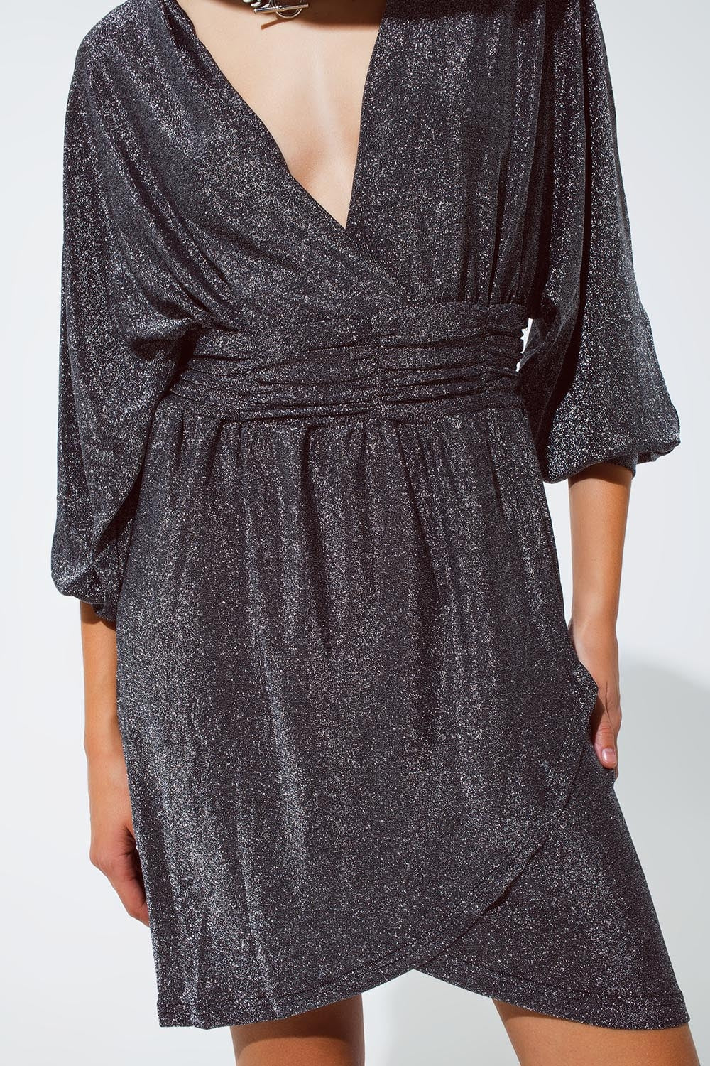 Mini length glitter dress with deep V neck in silver - dress