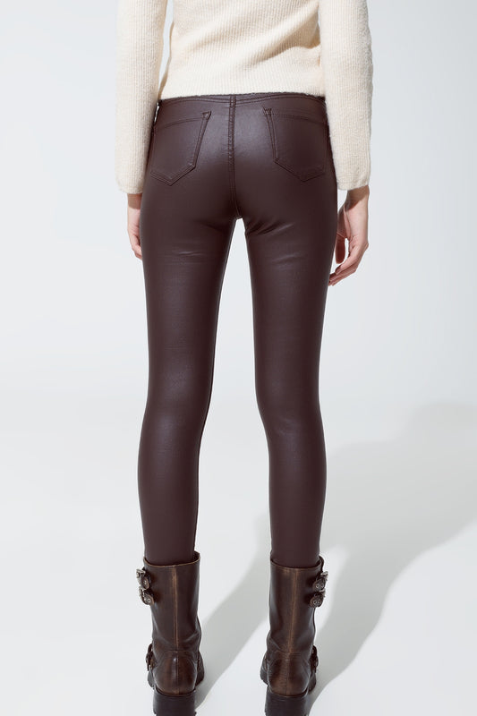leatherette effect super skinny trousers in dark brown - trousers
