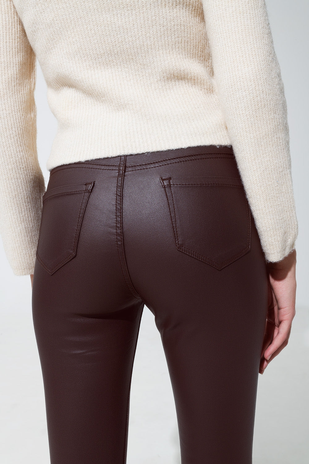 leatherette effect super skinny trousers in dark brown