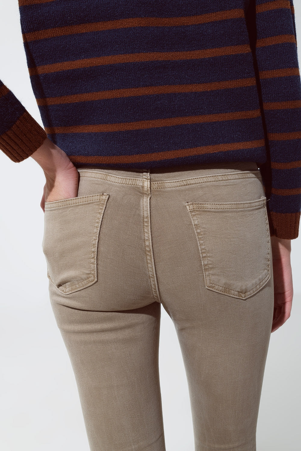 Skinny Flared Jeans With Double Button Detail in Beige - Coloured Jeans