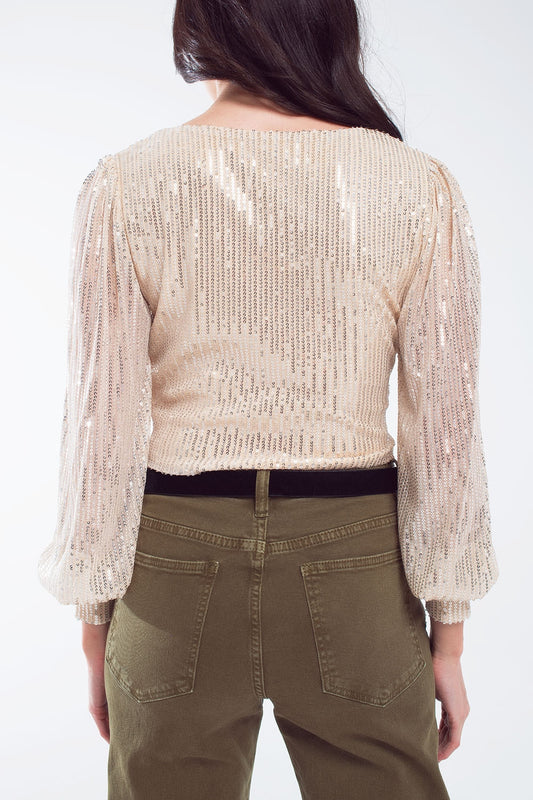 Cropped long Sleeve Sequin Top With V-neck and Rouched Design in Pearl White - top