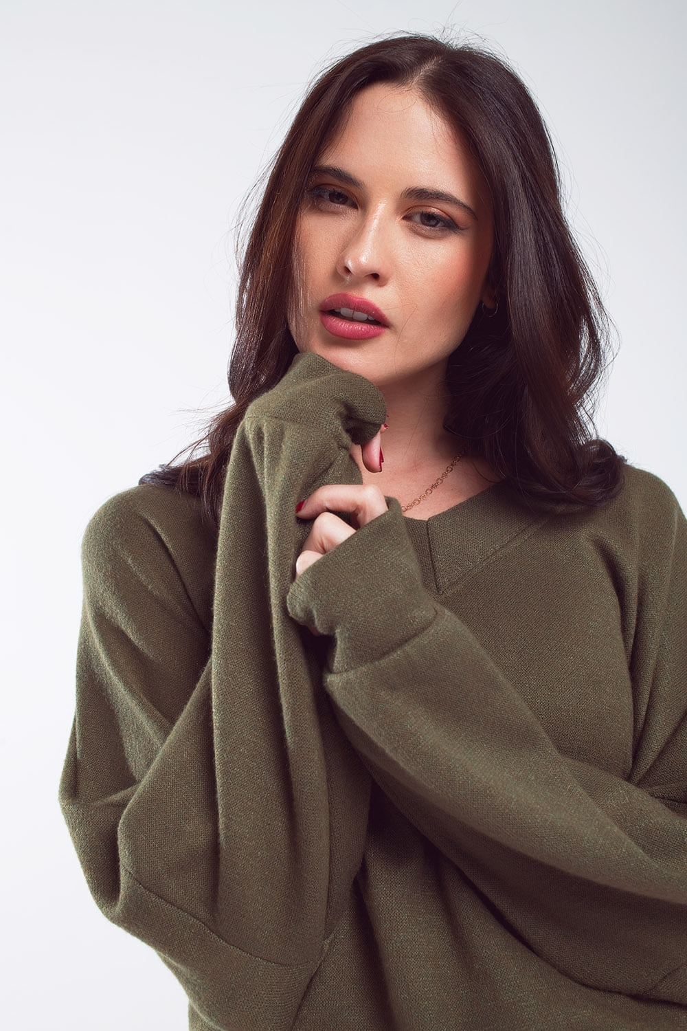 Oversized Olive Green Swearshirt wth V-Neckline