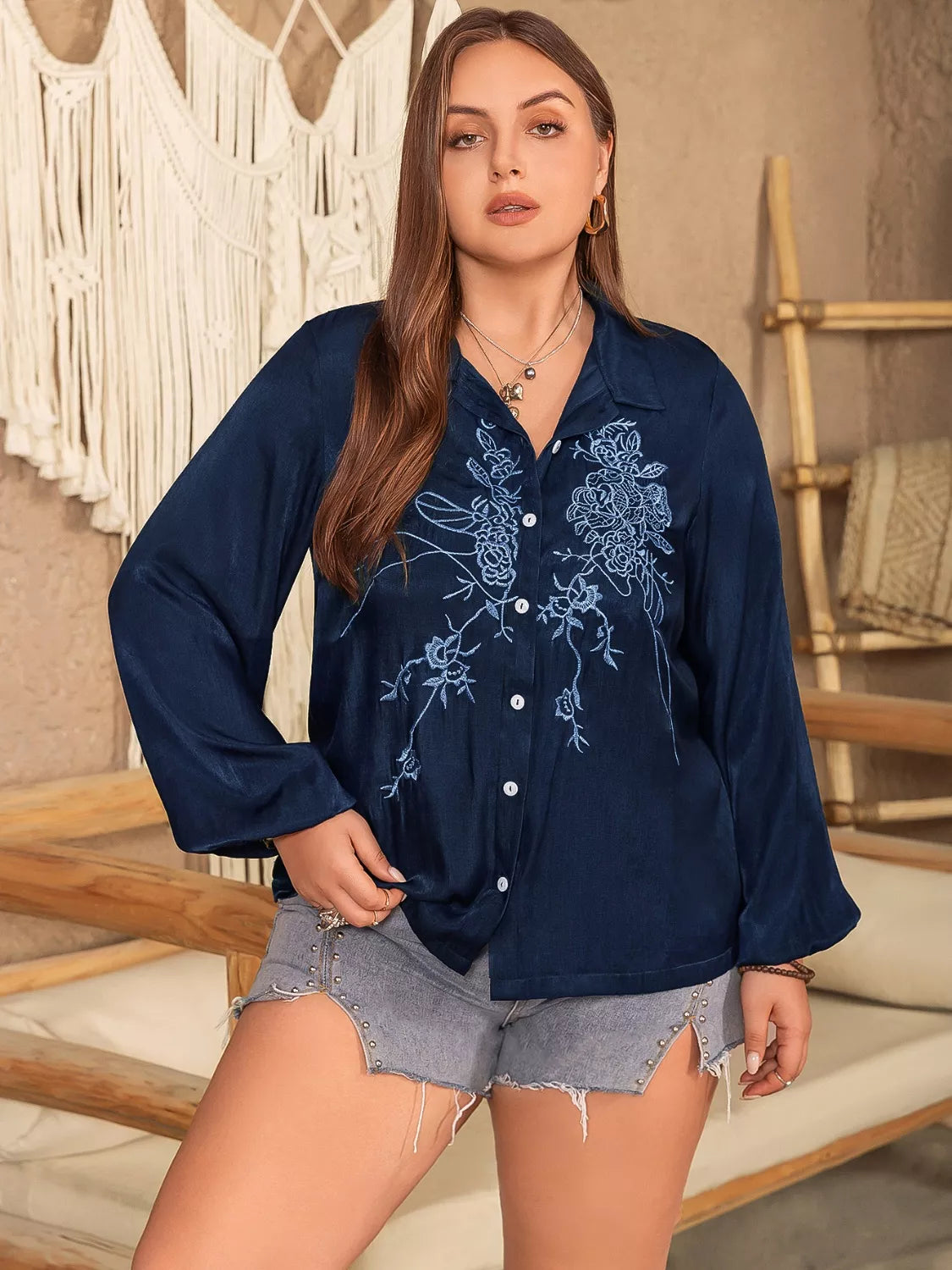 Plus Size Embroidered Long Sleeve Shirt -