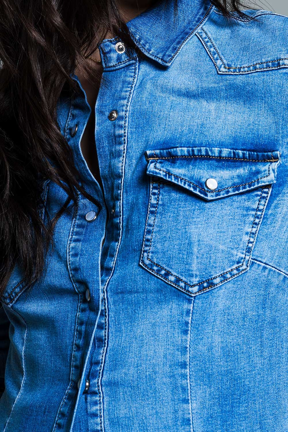 Mid Wash Denim Shirt With Chest Pockets And Press Buttons - Shirts