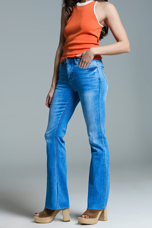 Regular Waist Skinny Jeans With Flared Legs in Light Wash - Denim
