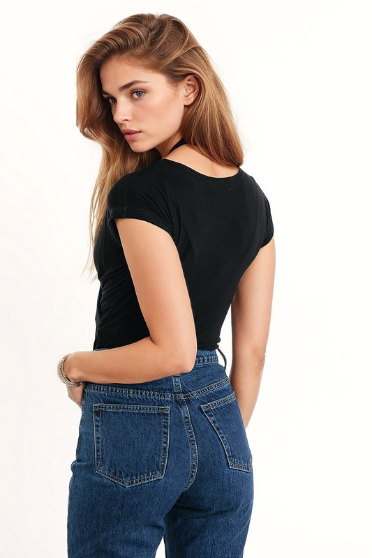 V-neck crossed drapped fitted top with cap sleeves in black - top