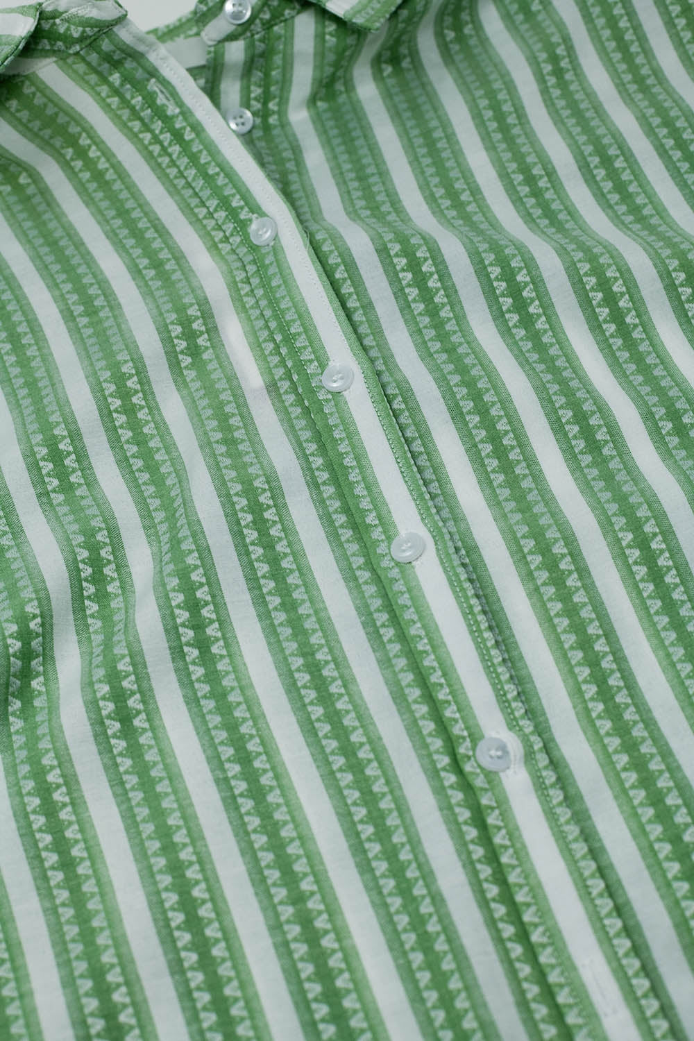 Green Blouse With Vertical Stripes And Short Sleeves - Shirts