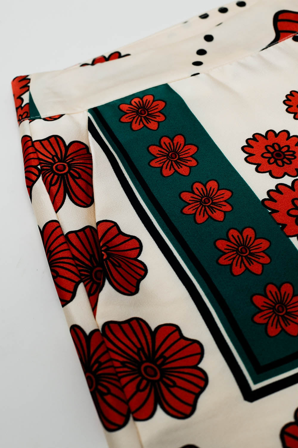 Satin Creme Flared Pants With Floral Design - trousers