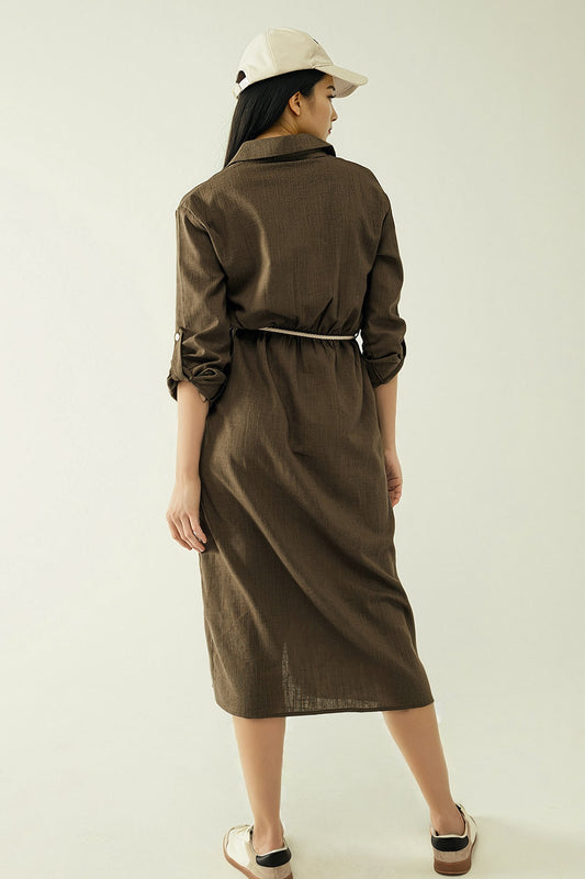Long sleeves Khaki shirt dress with button closure - dress