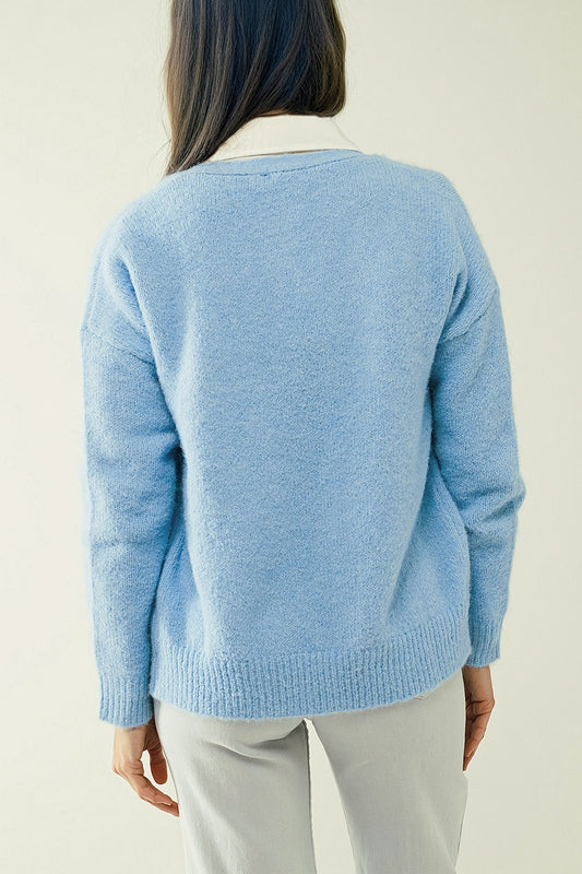 Blue knit cardigan with wide V-neck and button closure - cardigan