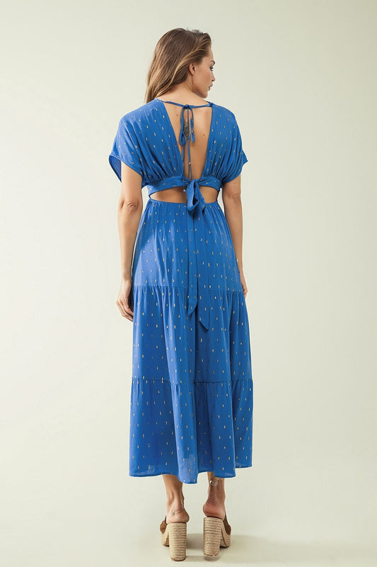 loose maxi blue dress sith golden details - dress
