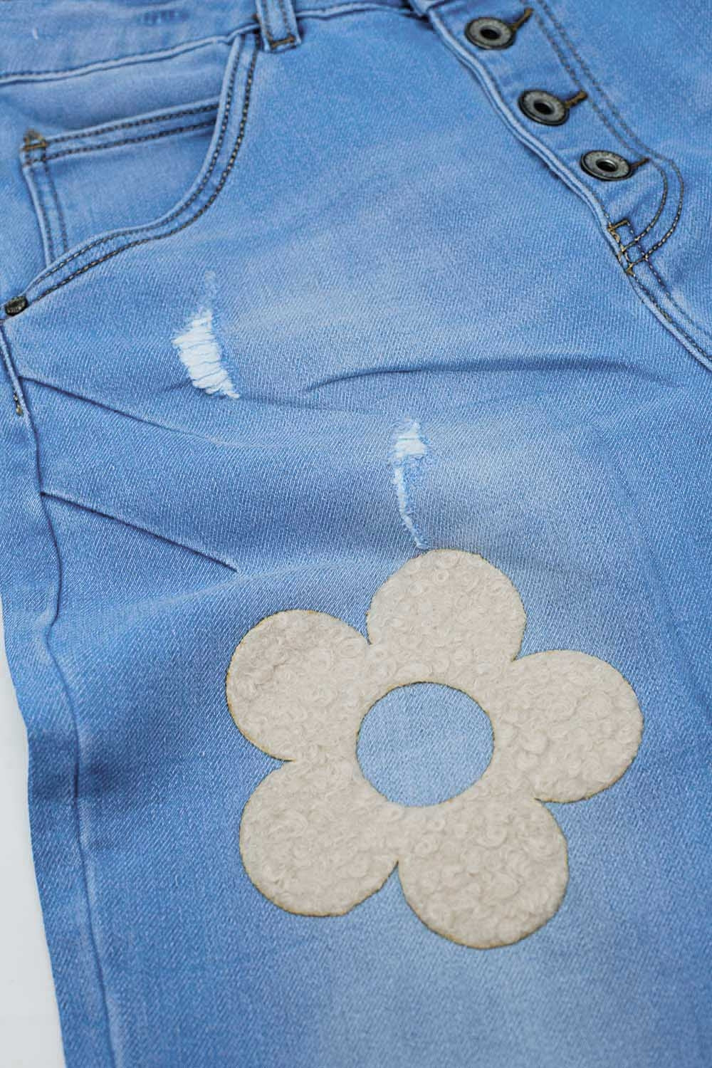 Straight Jeans With Button Closing and Flower Detail in Front - Denim
