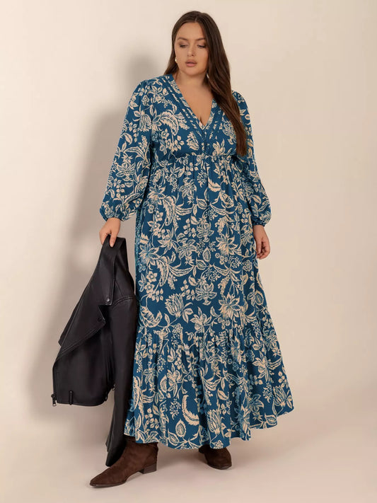 Plus Size Boho Floral Print Long Sleeve Maxi Dress -