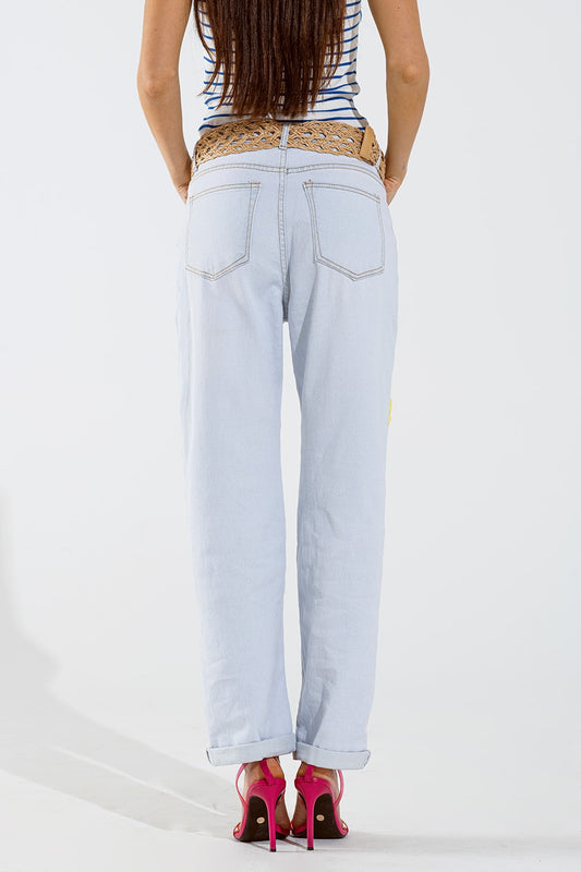 Bleached Relaxed Jeans With Multicolor Floral Design - Denim