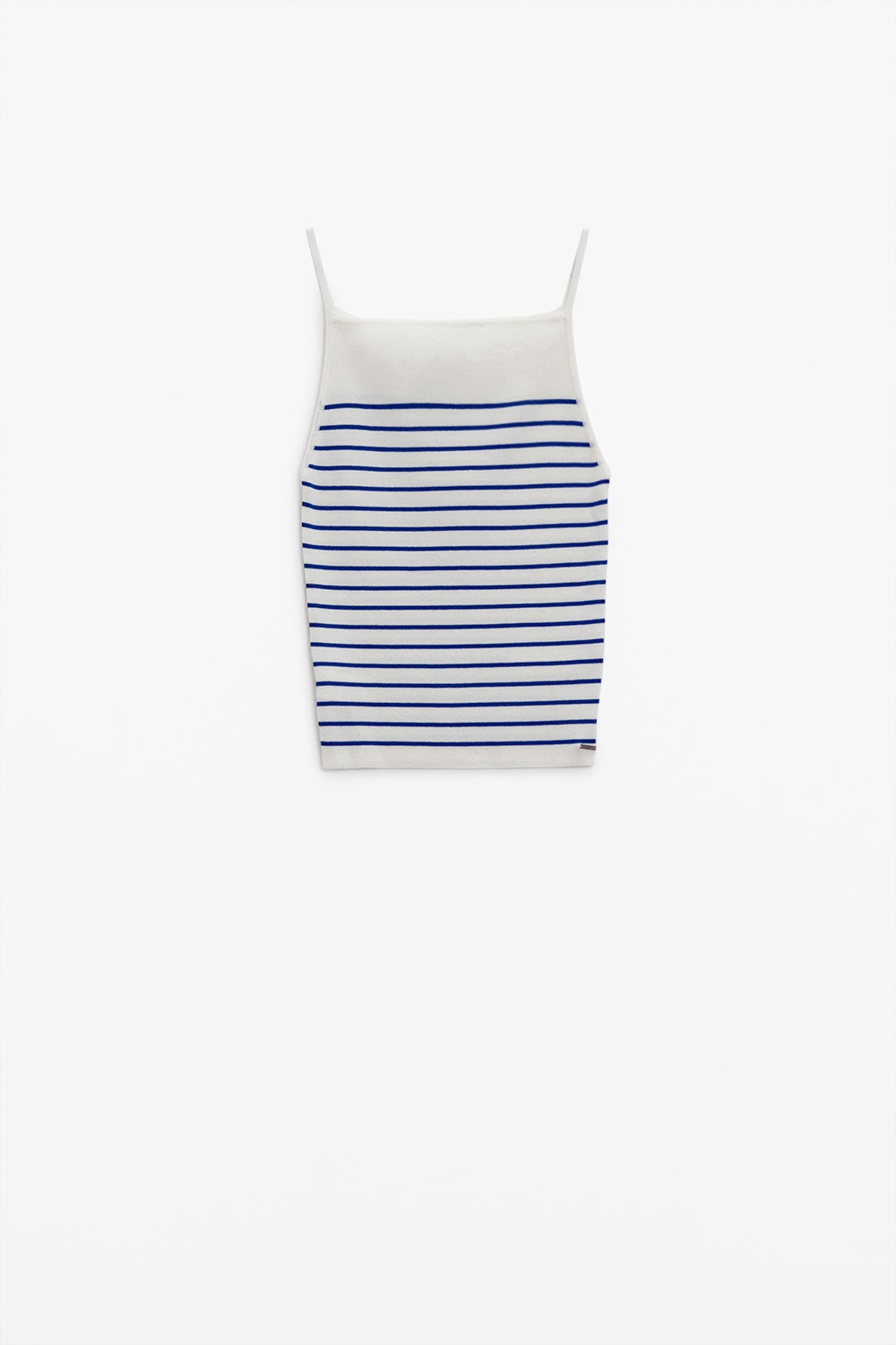 White top with blue stripes and thin straps