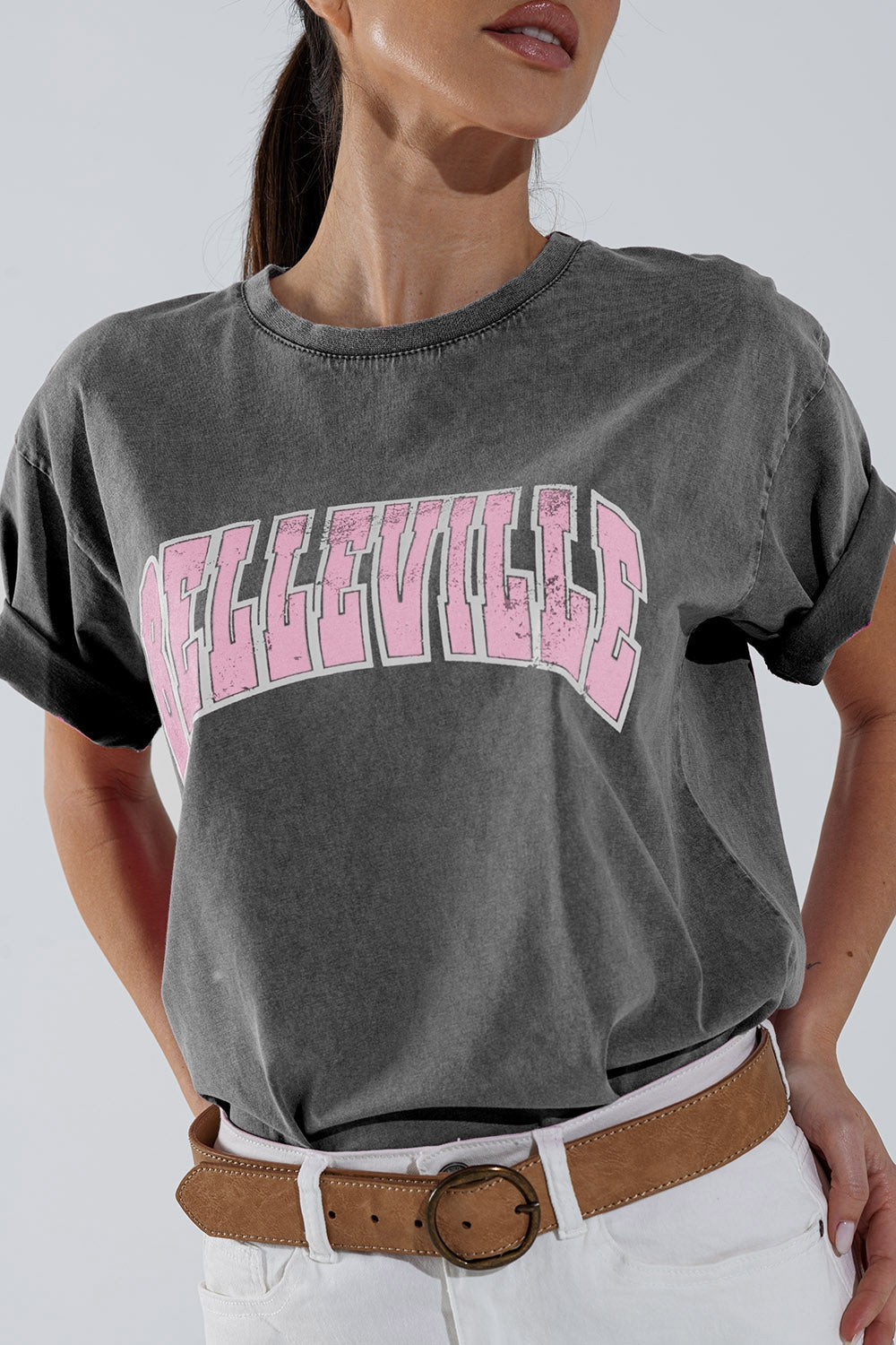 Grey Crew Neck T-shirt With Belleville text - top