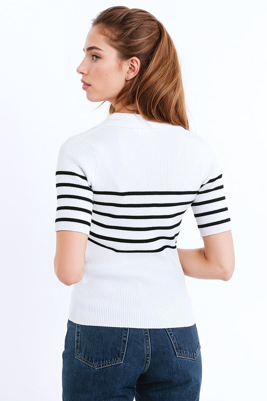 Striped polo with button detail in white - jumper