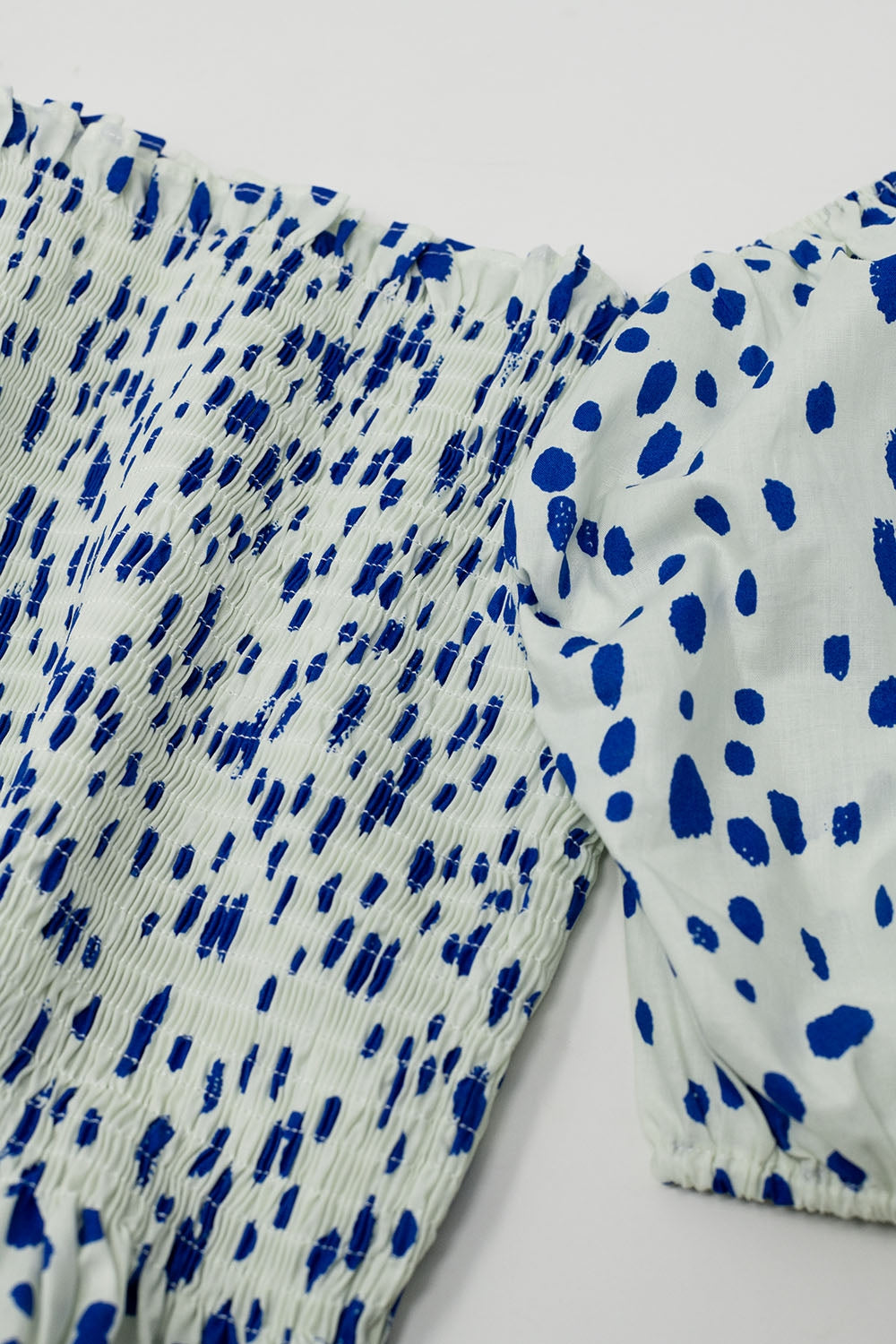 Peplum Shirred White Blouse With Blue Polka Dots