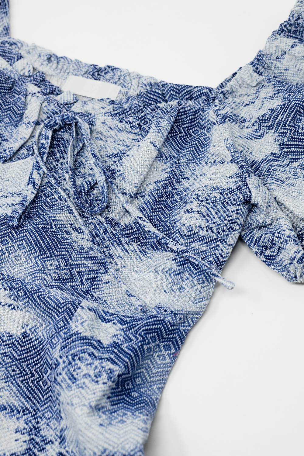 Short Dress With Puff Sleeves In Abstract Blue and White Print - dress