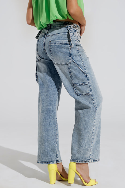 Cargo Style Bleached Jeans With Belt Like Strap Details At The Waist - Denim