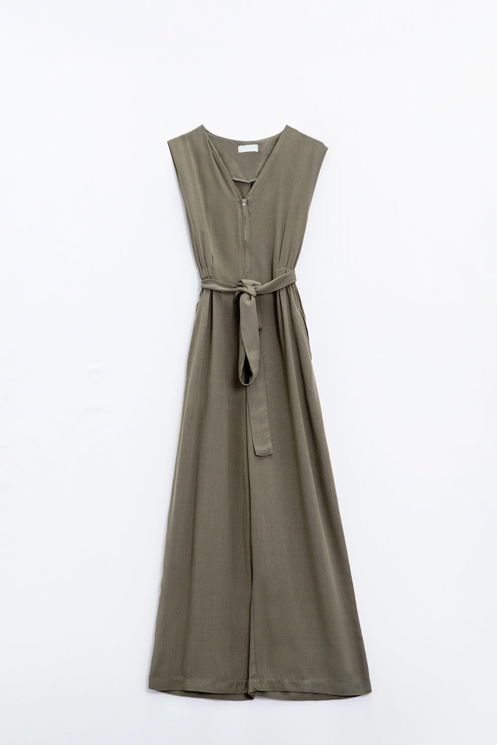 Sleeveless Jumpsuit with zipper detail and belt in khaki