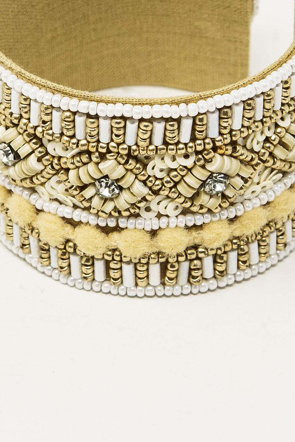 Cream Open Bracelet With Embellishments In White And Beige