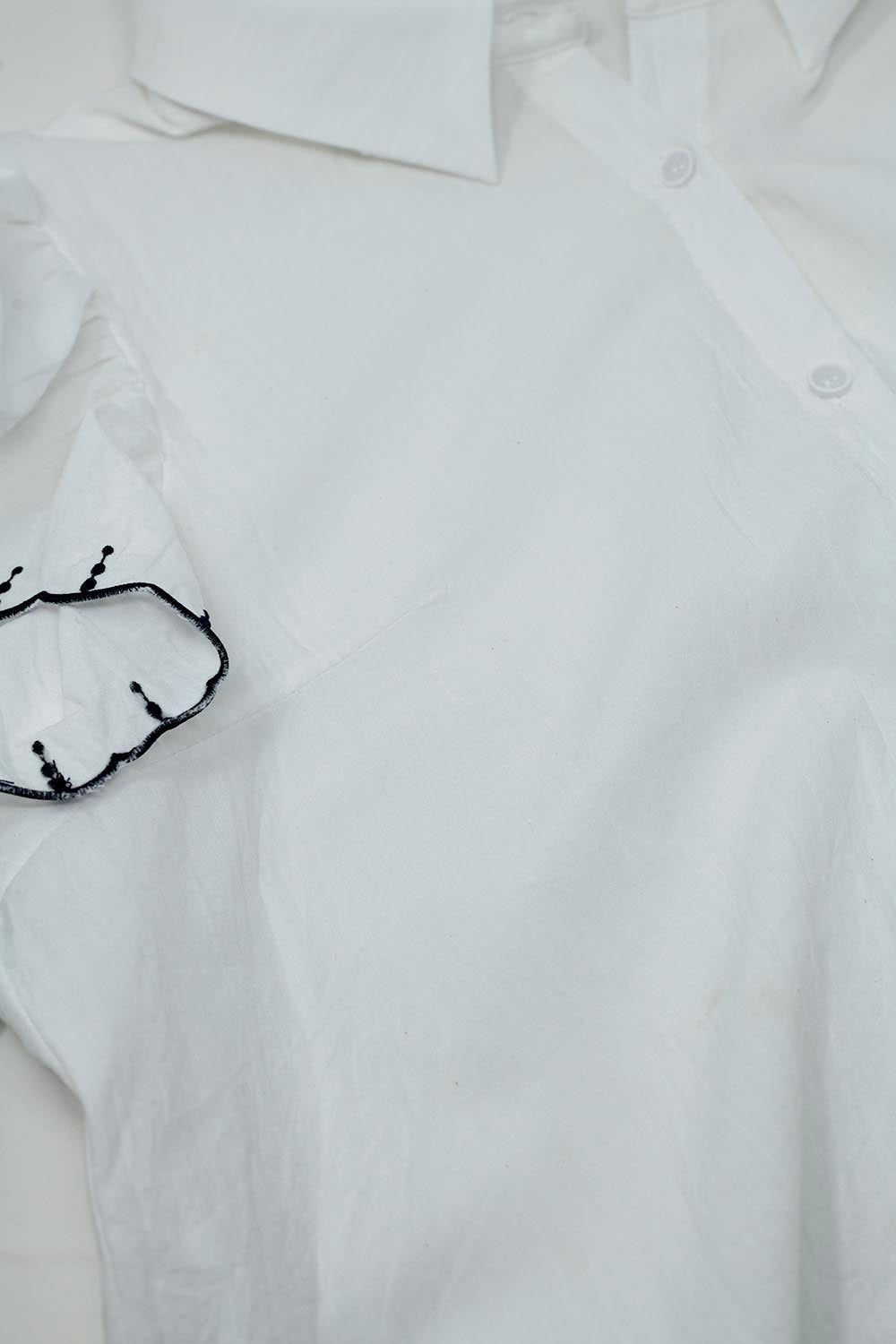 White Button Up Shirt With Polo Collar And Ruffled Sleeves With Black Trim - Shirts