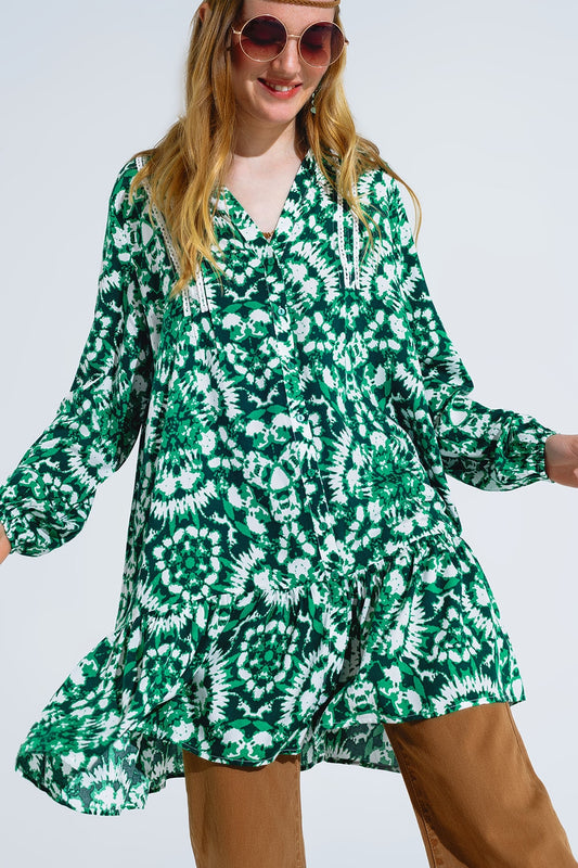 Tie Dye Print Short Dress With Long Sleeves And Lace Trim in Green - dress