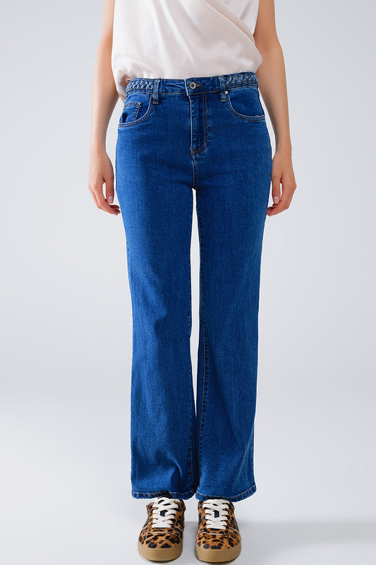Basic Dark Blue Denim Jeans With Braid Detail At Waist - Denim